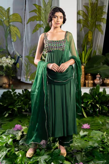 Baise Gaba Green Crepe Embellished Stone Square Neck Maanasa Anarkali 