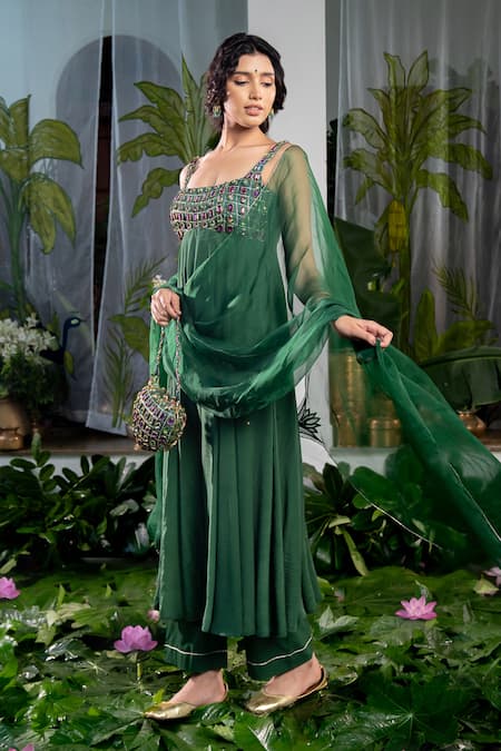 Shop Baise Gaba Green Crepe Stones Square Neck Maanasa Embellished Anarkali Online at Aza Fashions Shop_Baise Gaba_Green Crepe Stones Square Neck Maanasa Embellished Anarkali _Online_at_Aza_Fashions