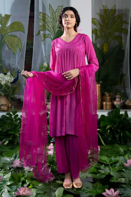 Baise Gaba Pink Crepe Embroidery Sequin V Neck Anamika Bead Yoke Kurta Set 