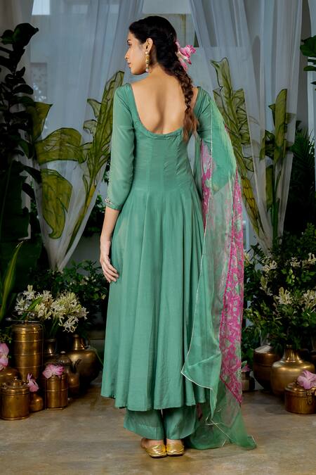 Shop_Baise Gaba_Green Organza, Crepe Embroidery, Sequins, Gota Radhika Bead Yoke Anarkali Set _at_Aza_Fashions