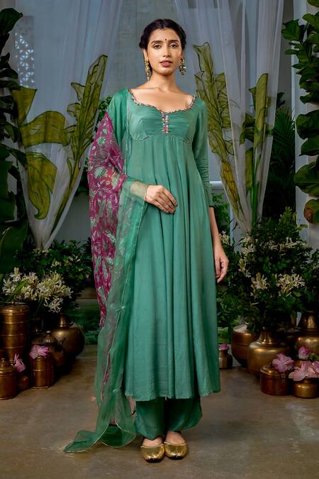 Baise Gaba_Green Organza, Crepe Embroidery, Sequins, Gota Radhika Bead Yoke Anarkali Set _Online_at_Aza_Fashions