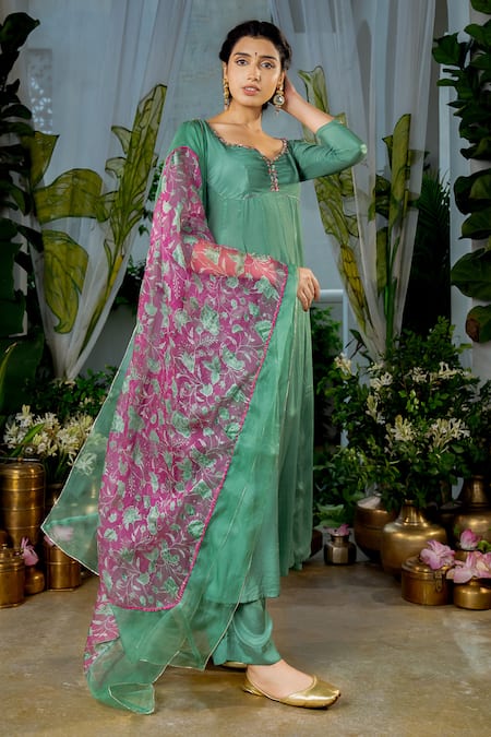 Shop Baise Gaba Green Organza, Crepe Embroidery, Sequins, Gota Radhika Bead Yoke Anarkali Set Online at Aza Fashions Shop_Baise Gaba_Green Organza, Crepe Embroidery, Sequins, Gota Radhika Bead Yoke Anarkali Set _Online_at_Aza_Fashions
