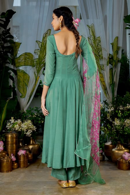 Shop_Baise Gaba_Green Organza, Crepe Embroidery Sweetheart Radhika Sequin Bead Yoke Anarkali _at_Aza_Fashions