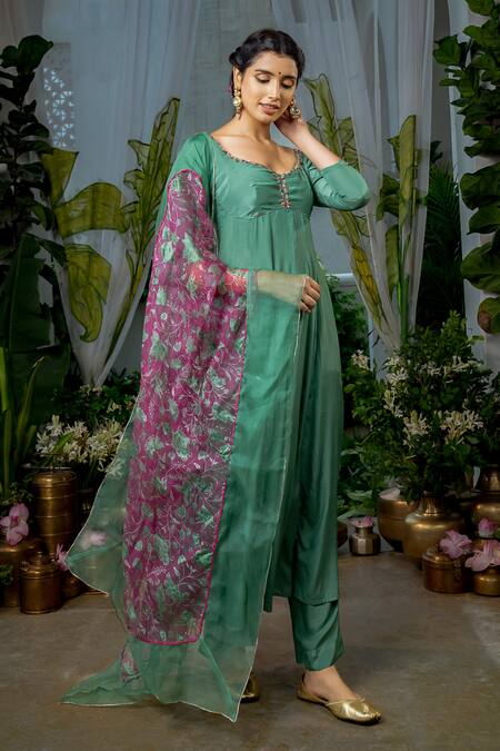 Baise Gaba_Green Organza, Crepe Embroidery Sweetheart Radhika Sequin Bead Yoke Anarkali _Online_at_Aza_Fashions
