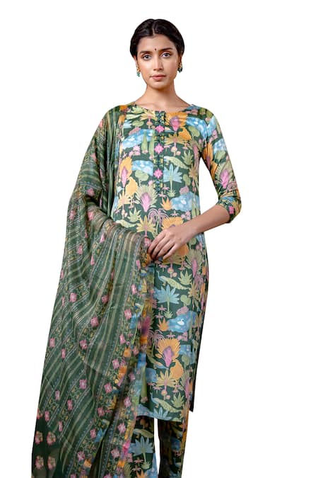 Buy Baise Gaba Green Georgette, Modal, Lurex, Chiffon Lakshmi Bahar Print Kurta Pant Set Online at Aza Fashions Buy_Baise Gaba_Green Georgette, Modal, Lurex, Chiffon Lakshmi Bahar Print Kurta Pant Set _Online_at_Aza_Fashions