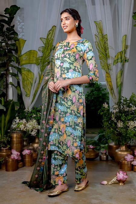 Shop Baise Gaba Green Georgette, Modal, Lurex, Chiffon Lakshmi Bahar Print Kurta Pant Set Online at Aza Fashions Shop_Baise Gaba_Green Georgette, Modal, Lurex, Chiffon Lakshmi Bahar Print Kurta Pant Set _Online_at_Aza_Fashions