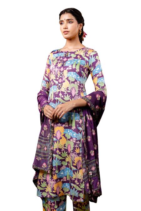 Buy Baise Gaba Purple Georgette, Modal Round Neck Saraswati Mor Bagh Print Kurta Pant Set Online at Aza Fashions Buy_Baise Gaba_Purple Georgette, Modal Round Neck Saraswati Mor Bagh Print Kurta Pant Set _Online_at_Aza_Fashions