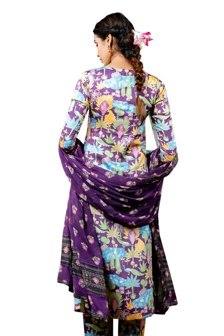 Baise Gaba Purple Georgette, Modal Round Neck Saraswati Mor Bagh Print Kurta Pant Set at Aza Fashions Baise Gaba_Purple Georgette, Modal Round Neck Saraswati Mor Bagh Print Kurta Pant Set _at_Aza_Fashions