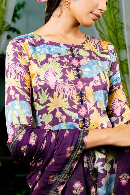 Buy Baise Gaba Purple Georgette, Modal Round Neck Saraswati Mor Bagh Print Kurta Pant Set Buy_Baise Gaba_Purple Georgette, Modal Round Neck Saraswati Mor Bagh Print Kurta Pant Set