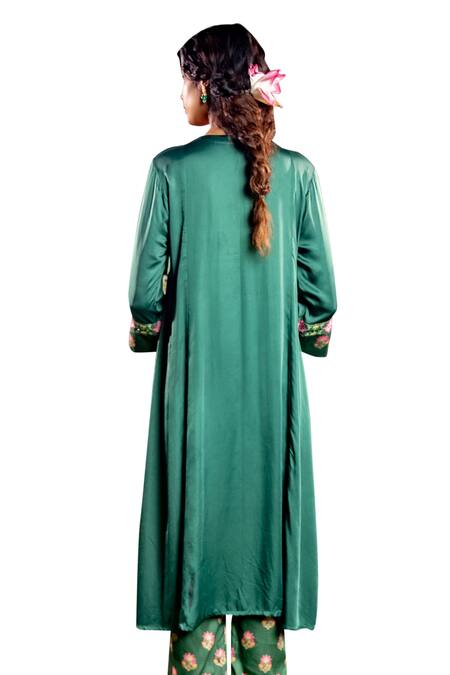 Shop Baise Gaba Green Satin, Silk Embroidery Round Neck Nikita Padma Booti Yoke Print Kurta Online at Aza Fashions Shop_Baise Gaba_Green Satin, Silk Embroidery Round Neck Nikita Padma Booti Yoke Print Kurta _Online_at_Aza_Fashions
