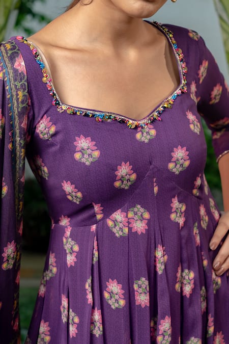 Shop_Baise Gaba_Purple Georgette, Modal Embroidery Keerthi Petunia Bloom Print Anarkali Set _Online_at_Aza_Fashions