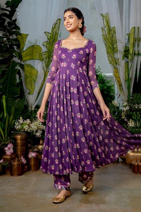 Buy_Baise Gaba_Purple Georgette, Modal Embroidery Keerthi Petunia Bloom Print Anarkali Set 
