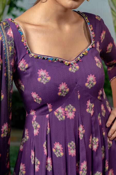 Shop Baise Gaba Purple Georgette Sweetheart Neck Keerthi Petunia Bloom Print Anarkali Online at Aza Fashions Shop_Baise Gaba_Purple Georgette Sweetheart Neck Keerthi Petunia Bloom Print Anarkali _Online_at_Aza_Fashions