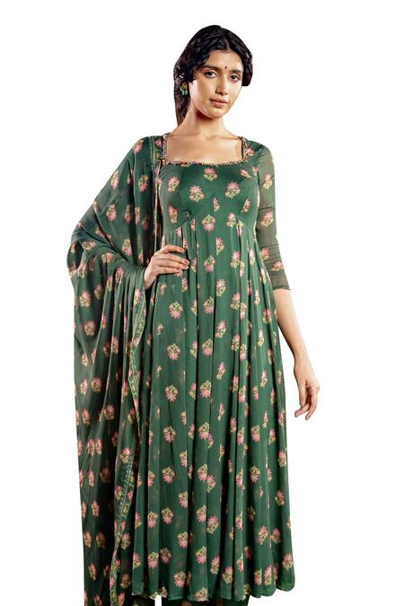 Buy_Baise Gaba_Green Georgette, Modal Embroidery Anshika Carnation Bloom Print Anarkali Set _Online_at_Aza_Fashions