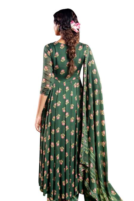 Baise Gaba_Green Georgette, Modal Embroidery Anshika Carnation Bloom Print Anarkali Set _at_Aza_Fashions