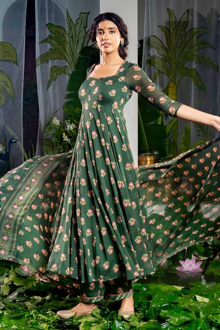 Shop_Baise Gaba_Green Georgette, Modal Embroidery Anshika Carnation Bloom Print Anarkali Set 