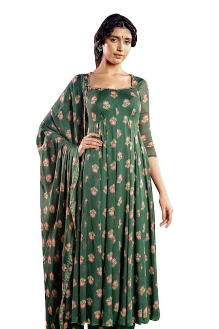 Baise Gaba Green Georgette Embroidery Sweetheart Anshika Carnation Bloom Print Anarkali Online at Aza Fashions Baise Gaba_Green Georgette Embroidery Sweetheart Anshika Carnation Bloom Print Anarkali _Online_at_Aza_Fashions