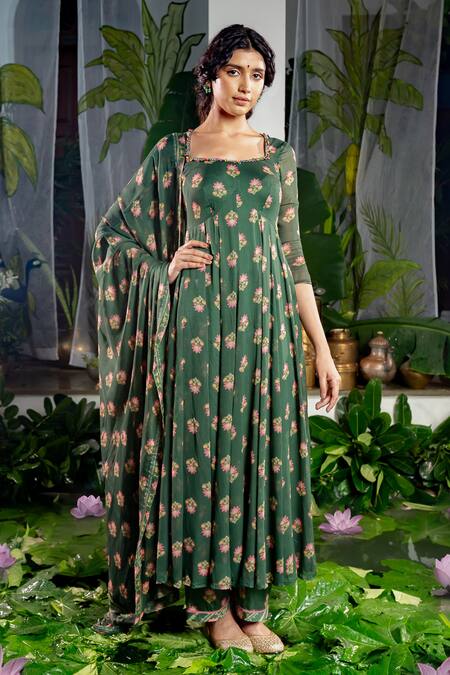 Buy Baise Gaba Green Georgette Embroidery Sweetheart Anshika Carnation Bloom Print Anarkali Online at Aza Fashions Buy_Baise Gaba_Green Georgette Embroidery Sweetheart Anshika Carnation Bloom Print Anarkali _Online_at_Aza_Fashions