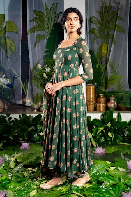 Shop Baise Gaba Green Georgette Embroidery Sweetheart Anshika Carnation Bloom Print Anarkali Online at Aza Fashions Shop_Baise Gaba_Green Georgette Embroidery Sweetheart Anshika Carnation Bloom Print Anarkali _Online_at_Aza_Fashions