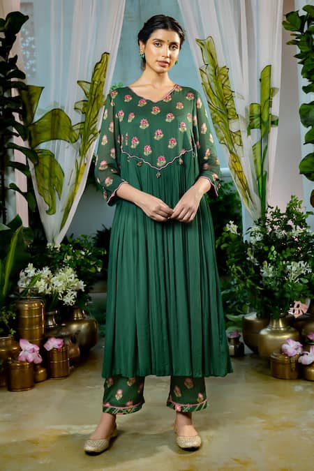 Baise Gaba Green Georgette Print Glory Bloom V Neck Revathi Gathered Kurta Set 