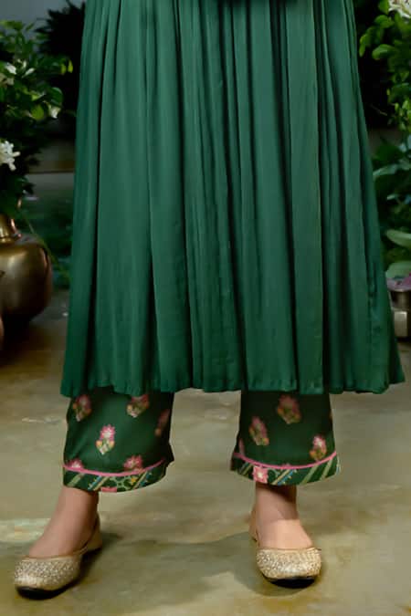 Baise Gaba_Green Chiffon, Georgette, Modal Revathi Glory Bloom Print Gathered Kurta Set _Online_at_Aza_Fashions