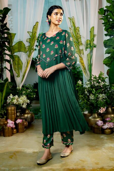 Buy_Baise Gaba_Green Chiffon, Georgette, Modal Revathi Glory Bloom Print Gathered Kurta Set _Online_at_Aza_Fashions