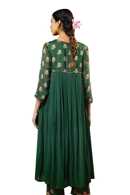 Shop_Baise Gaba_Green Chiffon, Georgette, Modal Revathi Glory Bloom Print Gathered Kurta Set _Online_at_Aza_Fashions