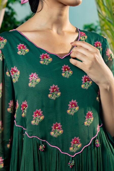 Shop Baise Gaba Green Chiffon, Georgette Embroidery Revathi Glory Bloom Print Gathered Kurta Online at Aza Fashions Shop_Baise Gaba_Green Chiffon, Georgette Embroidery Revathi Glory Bloom Print Gathered Kurta _Online_at_Aza_Fashions