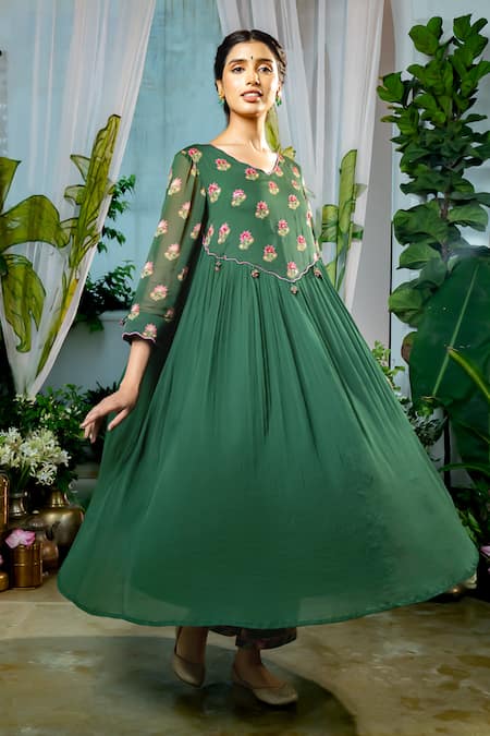 Baise Gaba Green Chiffon, Georgette Embroidery Revathi Glory Bloom Print Gathered Kurta at Aza Fashions Baise Gaba_Green Chiffon, Georgette Embroidery Revathi Glory Bloom Print Gathered Kurta _at_Aza_Fashions