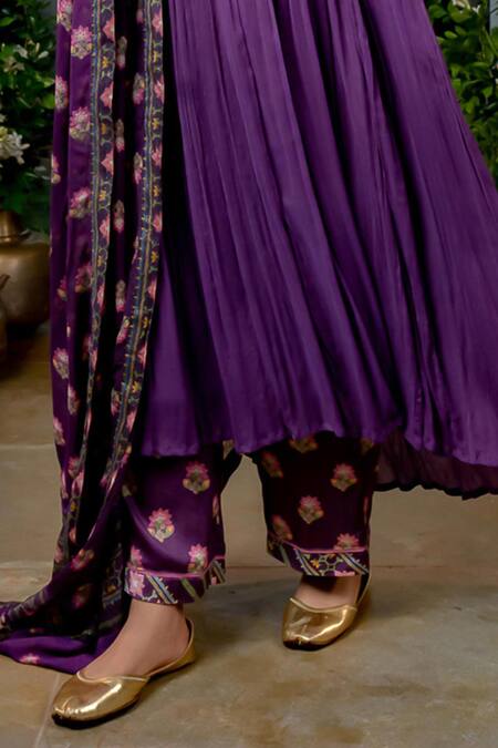 Buy_Baise Gaba_Purple Chiffon, Georgette, Sugandhi Wildflora Bloom Print Gathered Kurta Set _Online_at_Aza_Fashions