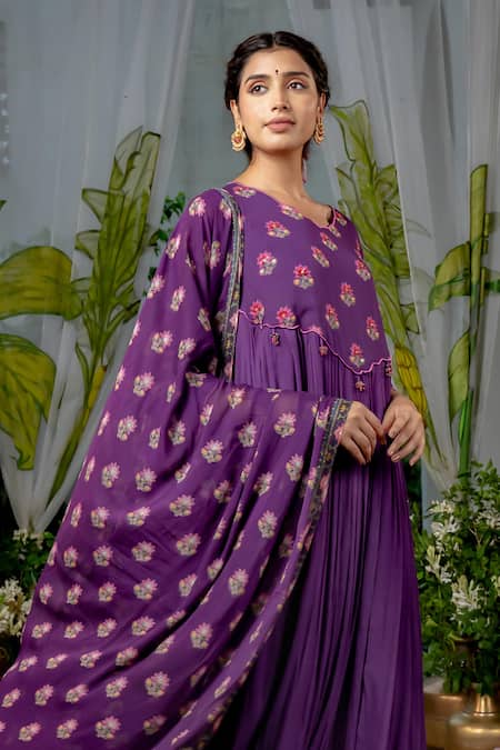 Shop_Baise Gaba_Purple Chiffon, Georgette, Sugandhi Wildflora Bloom Print Gathered Kurta Set _Online_at_Aza_Fashions