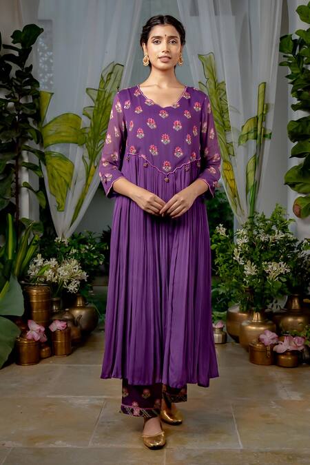 Baise Gaba_Purple Chiffon, Georgette, Sugandhi Wildflora Bloom Print Gathered Kurta Set _at_Aza_Fashions