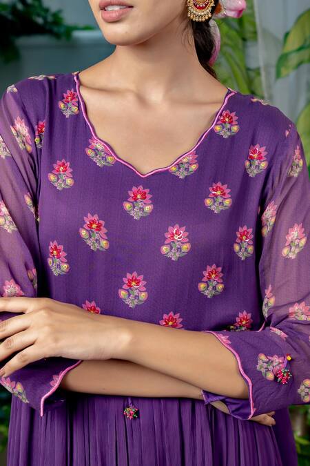 Shop_Baise Gaba_Purple Chiffon, Georgette, Sugandhi Wildflora Bloom Print Gathered Kurta Set 
