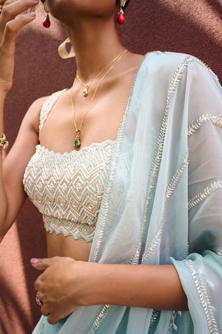 Shop Chamee And Palak Green Georgette, Organza, Silk Ines Embroidered Pre-draped Saree With Blouse Online at Aza Fashions Shop_Chamee And Palak_Green Georgette, Organza, Silk Ines Embroidered Pre-draped Saree With Blouse _Online_at_Aza_Fashions