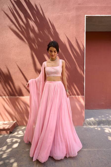 Shop_Chamee And Palak_Peach Silk, Organza, Georgette Pearls, Sequins, Lucia Embroidered Lehenga Set _Online_at_Aza_Fashions