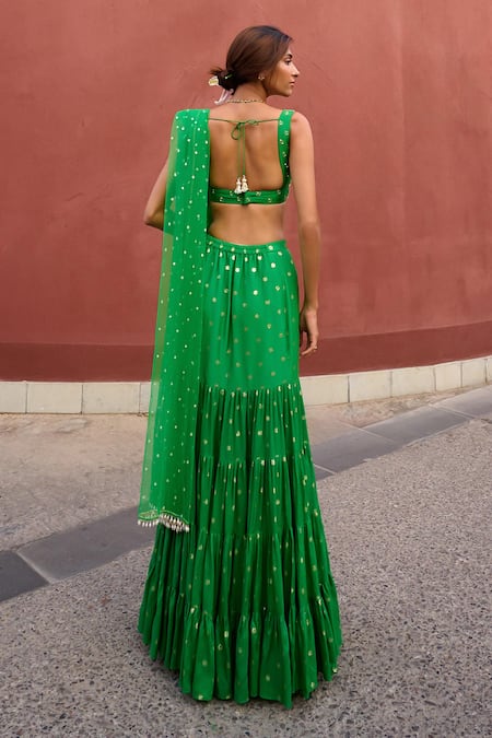Chamee And Palak Green Silk, Net Sequins, Beads Square Neck Aisha Zardozi Work Lehenga Set Online at Aza Fashions Chamee And Palak_Green Silk, Net Sequins, Beads Square Neck Aisha Zardozi Work Lehenga Set _Online_at_Aza_Fashions