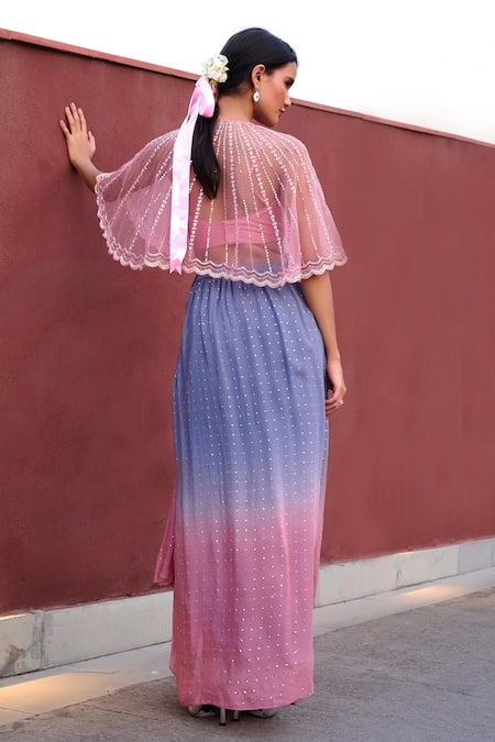 Shop Chamee And Palak Pink Silk, Net, Georgette Beads, Dia Embroidered Cape With Drape Skirt Set at Aza Fashions Shop_Chamee And Palak_Pink Silk, Net, Georgette Beads, Dia Embroidered Cape With Drape Skirt Set _at_Aza_Fashions