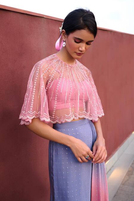 Chamee And Palak Pink Silk, Net, Georgette Beads, Dia Embroidered Cape With Drape Skirt Set Online at Aza Fashions Chamee And Palak_Pink Silk, Net, Georgette Beads, Dia Embroidered Cape With Drape Skirt Set _Online_at_Aza_Fashions