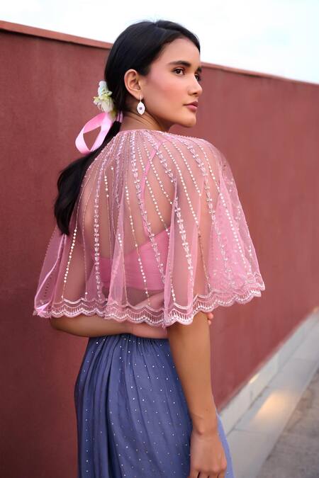 Chamee And Palak Pink Silk, Net, Georgette Beads, Dia Embroidered Cape With Drape Skirt Set at Aza Fashions Chamee And Palak_Pink Silk, Net, Georgette Beads, Dia Embroidered Cape With Drape Skirt Set _at_Aza_Fashions