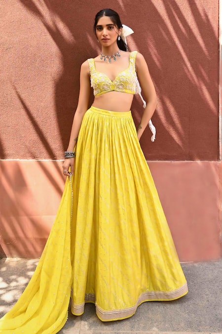 Chamee and Palak Yellow Jamewar Embroidered Beads Leaf Roma Rushed Lehenga Set 