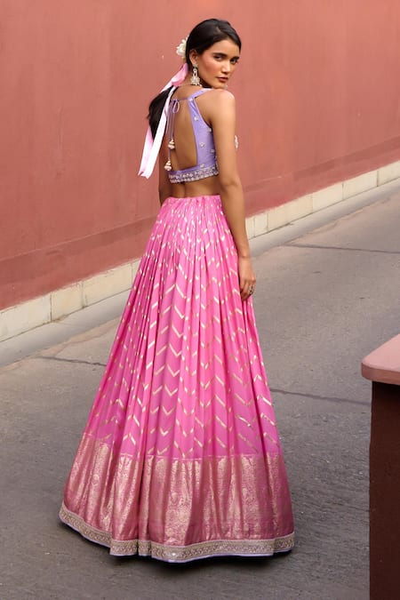 Chamee And Palak Pink Organza, Jacquard, Silk Sequins, Beads, Rumi Chevron Ruched Lehenga Set Online at Aza Fashions Chamee And Palak_Pink Organza, Jacquard, Silk Sequins, Beads, Rumi Chevron Ruched Lehenga Set _Online_at_Aza_Fashions