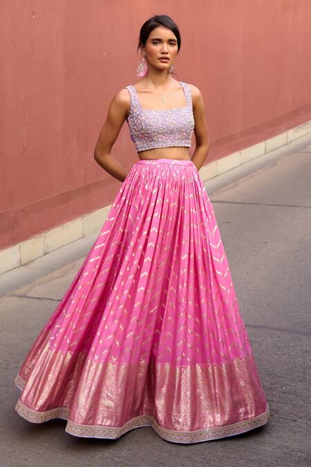 Buy Chamee And Palak Pink Organza, Jacquard, Silk Sequins, Beads, Rumi Chevron Ruched Lehenga Set Online at Aza Fashions Buy_Chamee And Palak_Pink Organza, Jacquard, Silk Sequins, Beads, Rumi Chevron Ruched Lehenga Set _Online_at_Aza_Fashions