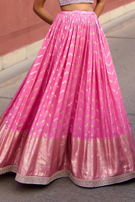 Shop Chamee And Palak Pink Organza, Jacquard, Silk Sequins, Beads, Rumi Chevron Ruched Lehenga Set Online at Aza Fashions Shop_Chamee And Palak_Pink Organza, Jacquard, Silk Sequins, Beads, Rumi Chevron Ruched Lehenga Set _Online_at_Aza_Fashions