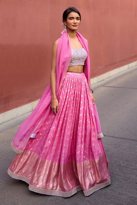 Chamee And Palak Pink Organza, Jacquard, Silk Sequins, Beads, Rumi Chevron Ruched Lehenga Set at Aza Fashions Chamee And Palak_Pink Organza, Jacquard, Silk Sequins, Beads, Rumi Chevron Ruched Lehenga Set _at_Aza_Fashions