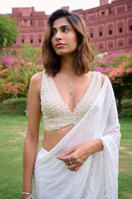 Buy Chamee And Palak Ivory Georgette, Silk Pearls, Beads Anitya Embroidered Pre-draped Saree Set Online at Aza Fashions Buy_Chamee And Palak_Ivory Georgette, Silk Pearls, Beads Anitya Embroidered Pre-draped Saree Set _Online_at_Aza_Fashions