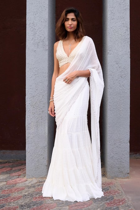 Chamee And Palak Ivory Georgette, Silk Pearls, Beads Anitya Embroidered Pre-draped Saree Set at Aza Fashions Chamee And Palak_Ivory Georgette, Silk Pearls, Beads Anitya Embroidered Pre-draped Saree Set _at_Aza_Fashions