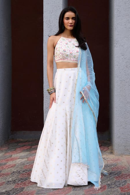 Chamee and Palak Ivory Jamewar Embroidered Thread Halter Anaisa Floral Woven Gusset Lehenga Set 