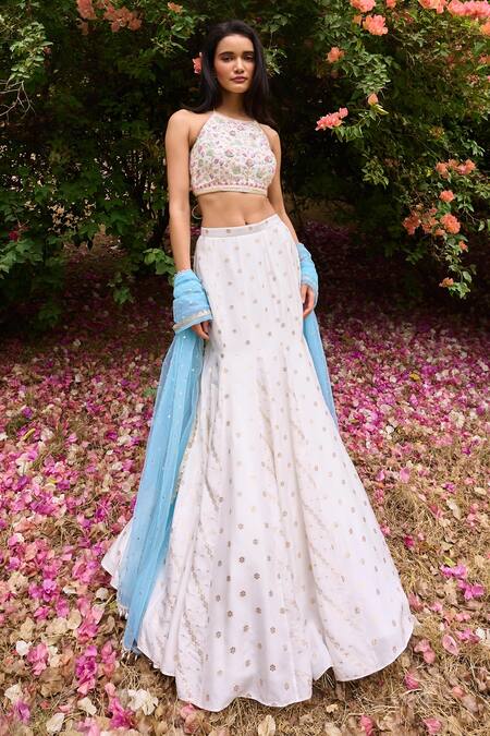 Shop Chamee And Palak Ivory Silk, Net Sequins, Embroidery, Anaisa Floral Woven Gusset Lehenga Set Online at Aza Fashions Shop_Chamee And Palak_Ivory Silk, Net Sequins, Embroidery, Anaisa Floral Woven Gusset Lehenga Set _Online_at_Aza_Fashions
