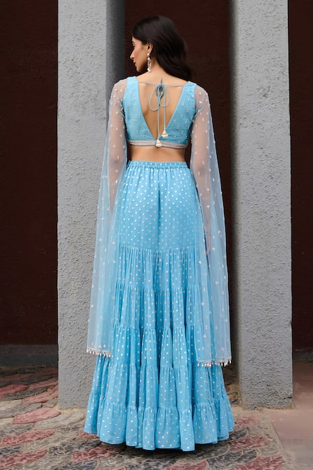 Shop Chamee And Palak Blue Georgette, Net, Silk Beads, Pearls Abha Fit And Flare Tiered Lehenga Set at Aza Fashions Shop_Chamee And Palak_Blue Georgette, Net, Silk Beads, Pearls Abha Fit And Flare Tiered Lehenga Set _at_Aza_Fashions