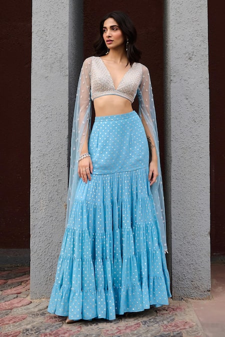 Chamee And Palak Blue Georgette, Net, Silk Beads, Pearls Abha Fit And Flare Tiered Lehenga Set Online at Aza Fashions Chamee And Palak_Blue Georgette, Net, Silk Beads, Pearls Abha Fit And Flare Tiered Lehenga Set _Online_at_Aza_Fashions